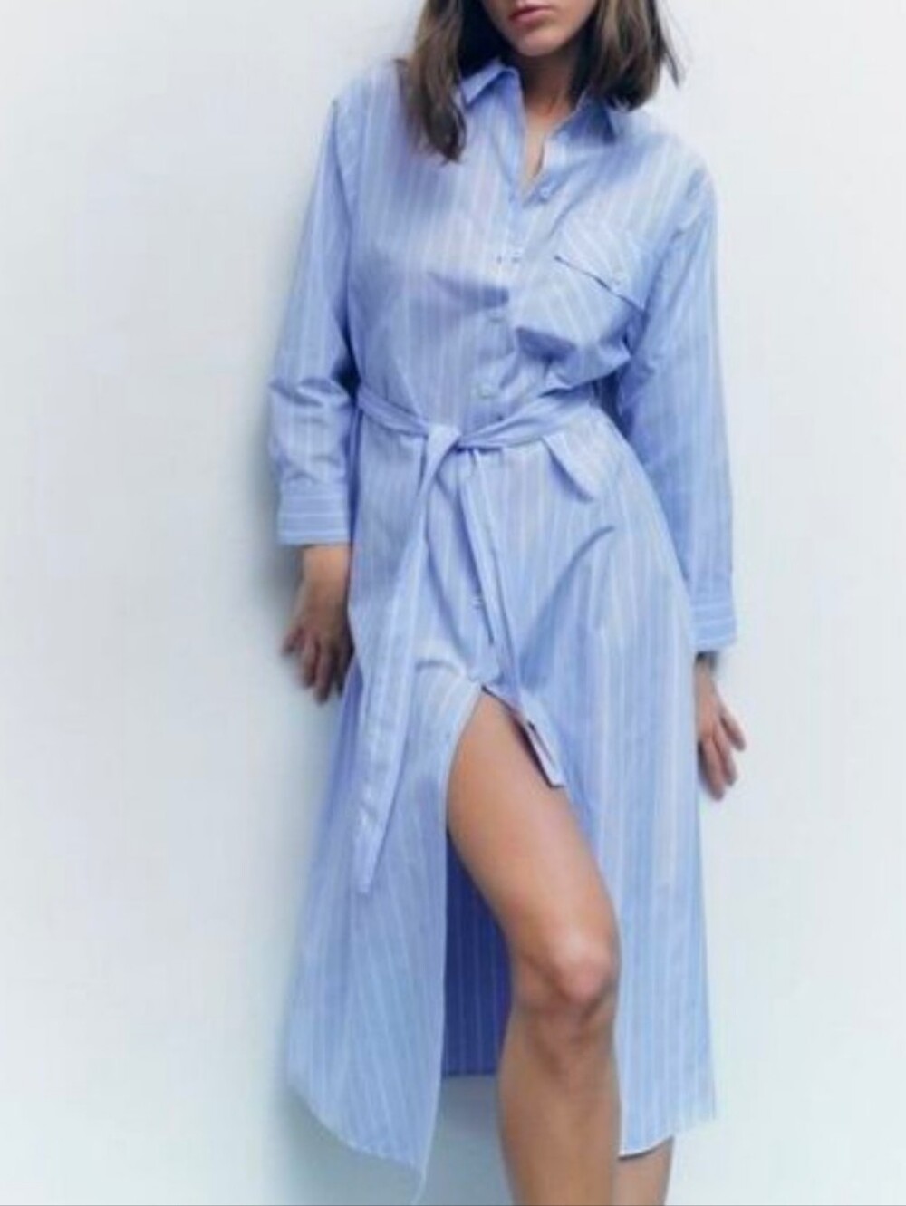 Zara Light Blue Striped Shirt Dress with Waist Tie, Size S